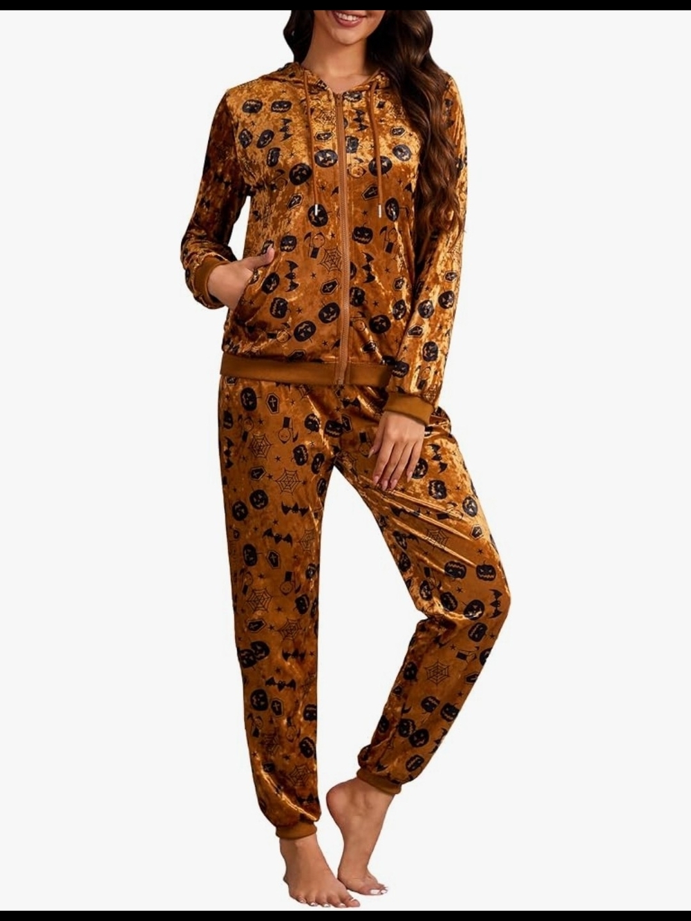 Cozy Velvet Pumpkin Print Lounge Set - Rust